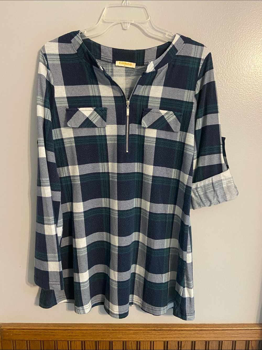 IKEA Navy, Green & White Plaid Zip-Front Tunic